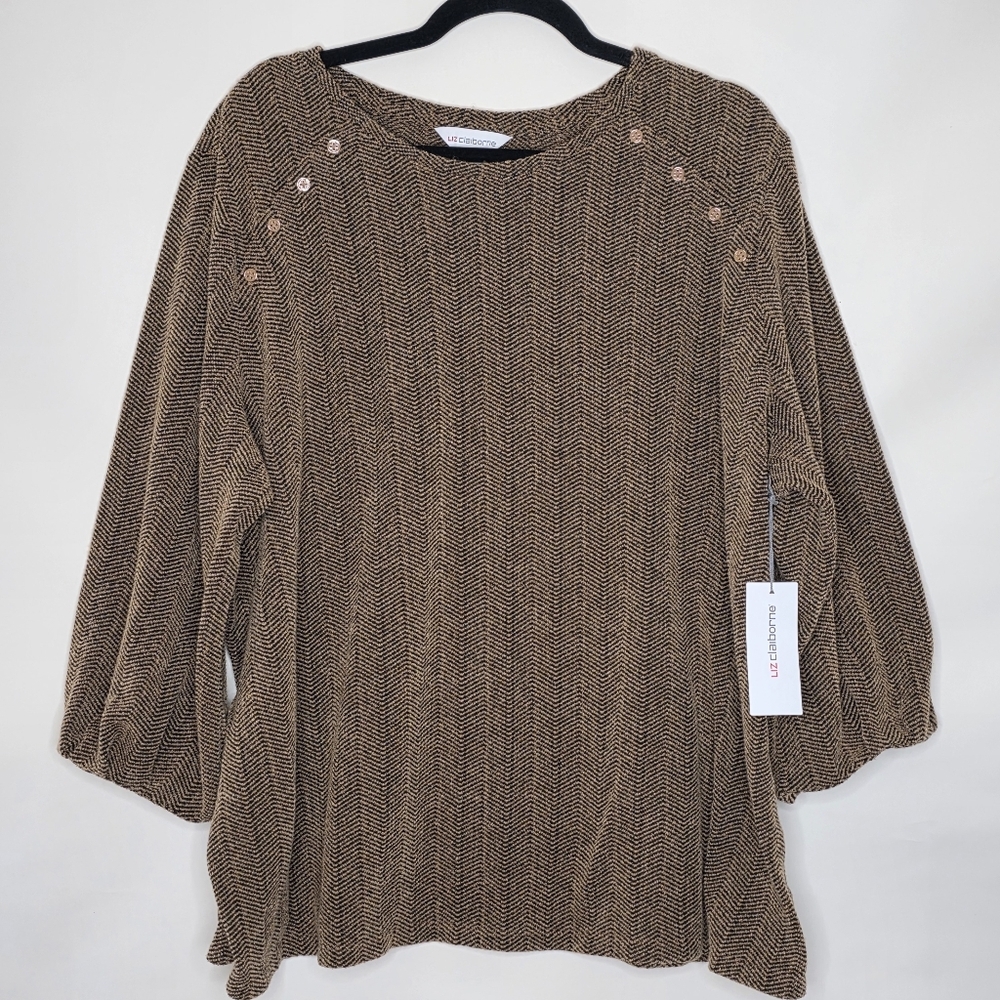 Liz Claiborne Herringbone Print Sweater 2X Knit Top Balloon Sleeve NEW Fall